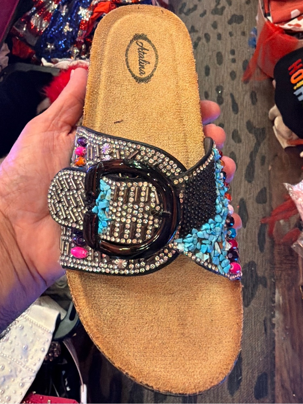 Italina BIRK Black Multicolor Rhinestone Embellished Slide Cork Buckled Sandal